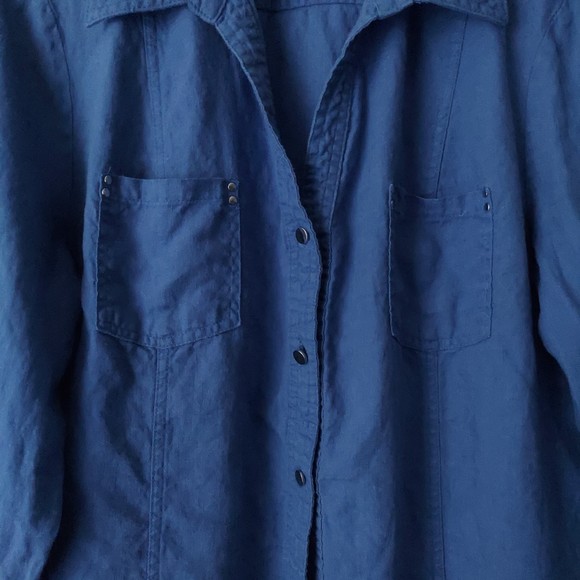JM Collection 100% Linen Blue Button Down Top Studded Details Women's Sz 16 - Picture 3 of 14